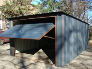 Garaż blaszany3,5x6 grafit brama uchylna spad tył