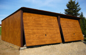 Garaż blaszany 6x6 drewnopodobny złoty dąb jednospadowy