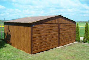 Garaże blaszane 6x6 z blachy drewnopodobnej orzech