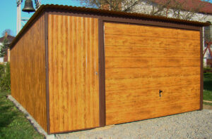 Garaż blaszany 4x5,5 drewnopodobny złoty dąb spad na tył