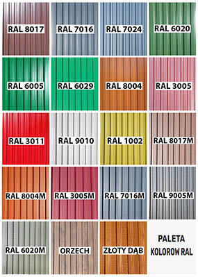 paleta RAL dostępnych kolorów blach na garaże blaszane