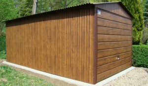 Garaż Blaszany Orzech 3x5 Dwuspad Brama Uchylna Poziomy Szeroki Panel