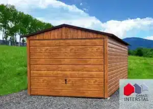 garaż blaszany 3x6 złoty dąb z obróbkami blacharskimi