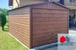 Garaż blaszany 3x6 Orzech drewnopodobny dwuspadowy poziomy panel blachy