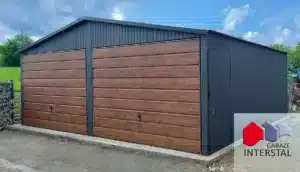 Garaż blaszany 6x5 grafit z obróbkami z bramami uchylnymi ORZECH