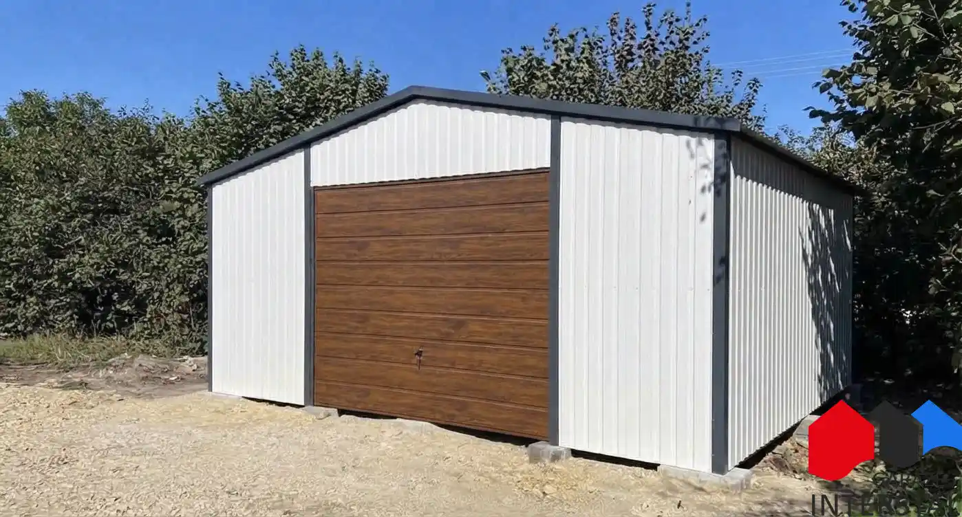 Biały garaż blaszany 6x5 m, brama uchylna w kolorze orzech, dach dwuspadowy, widok prezentowanej konfiguracji