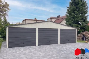 Biały garaż blaszany 9x5 m, bramy uchylne grafitowe, dach dwuspadowy, widok prezentowanej konfiguracji
